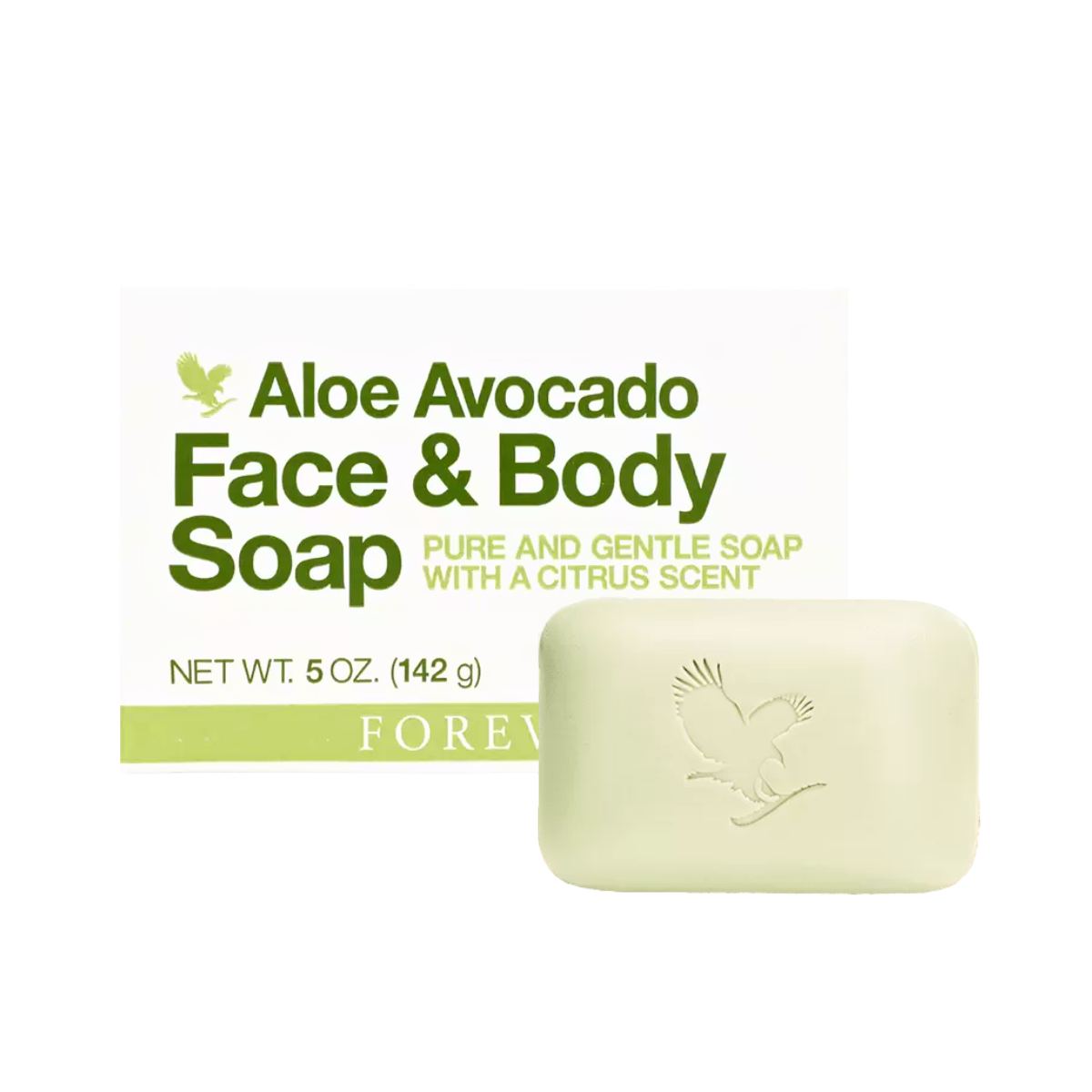Sabonete Forever Aloe Avocado Face Soap em barra verde com embalagem, feito com aloe vera e manteiga de abacate, hidratação e limpeza suave para pele e corpo