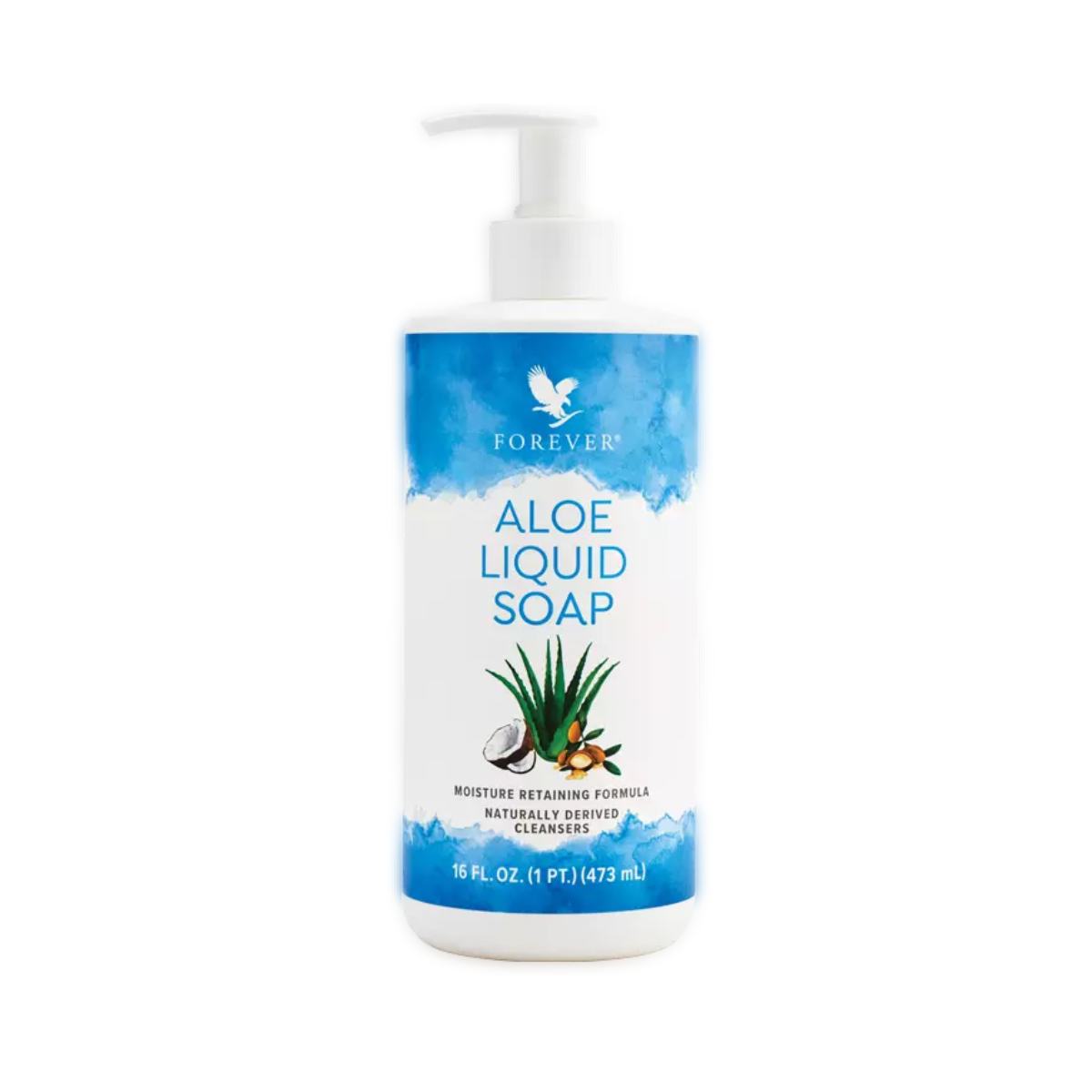 Frasco do Aloe Liquid Soap Forever com rótulo azul e branco, aloe vera e óleo de coco