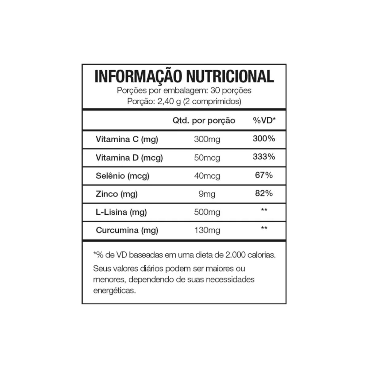 Tabela nutricional do suplemento ImmuBlend Forever Living com vitaminas C, D, zinco, selênio, lisina e curcumina