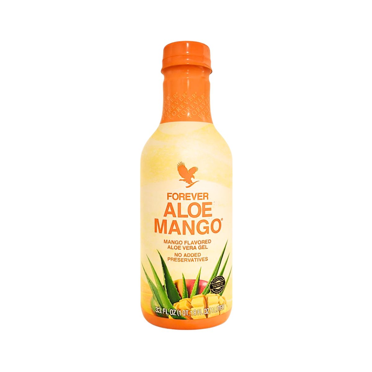 Garrafa do Forever Aloe Mango, bebida de aloe vera com sabor tropical de manga