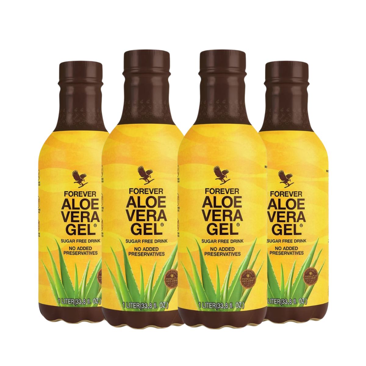 Kit com 4 garrafas de Aloe Vera Gel da Forever PET 1L, bebida funcional sem açúcar e sem conservantes.